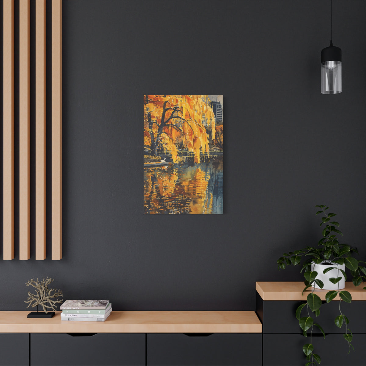 Boston Skyline with Hancock Tower in the background -Autumn Cityscape Canvas - Golden Willow Lake Stretched Wall Art