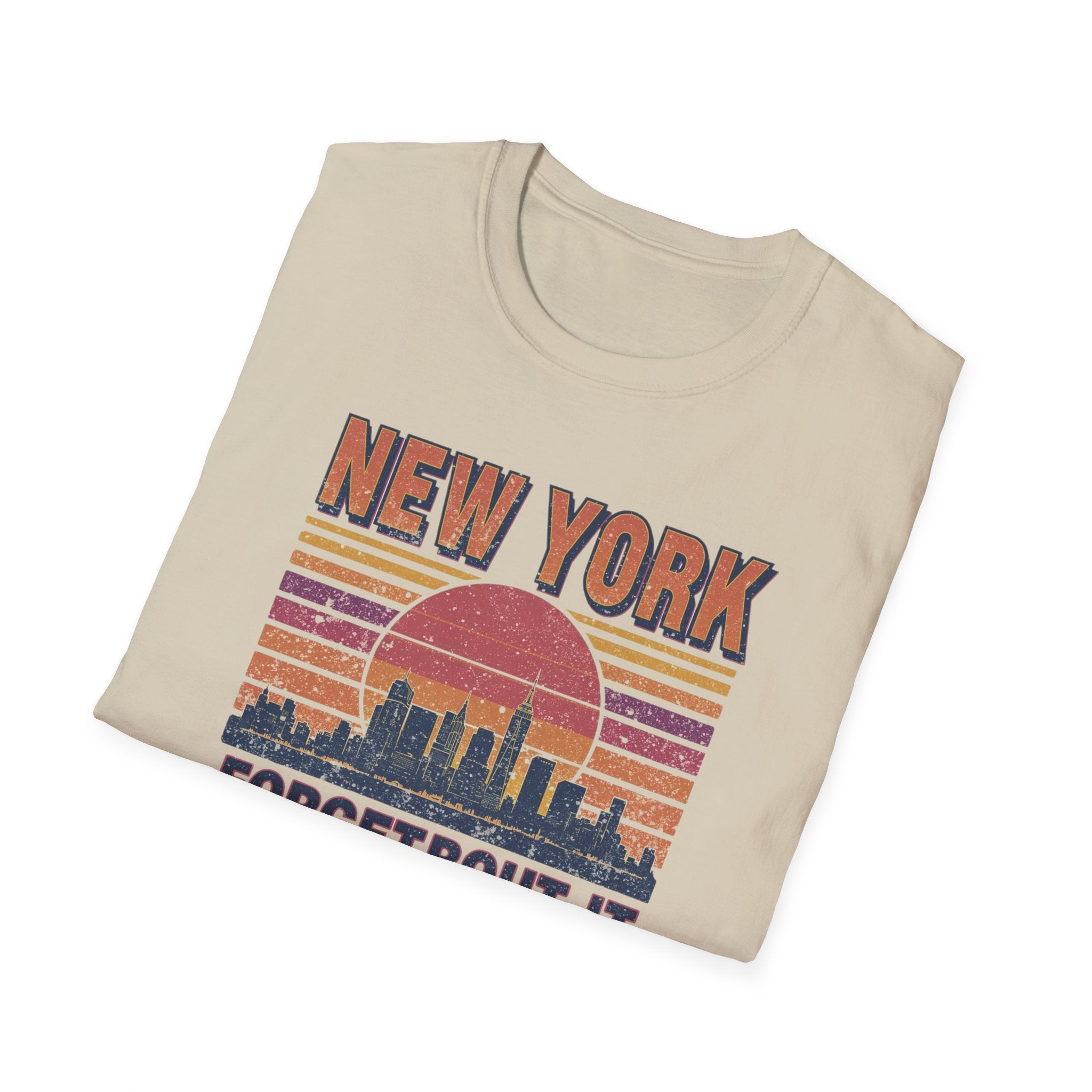 New York Skyline T‑Shirt – “Forgetbout It” Vintage Sunset Tee