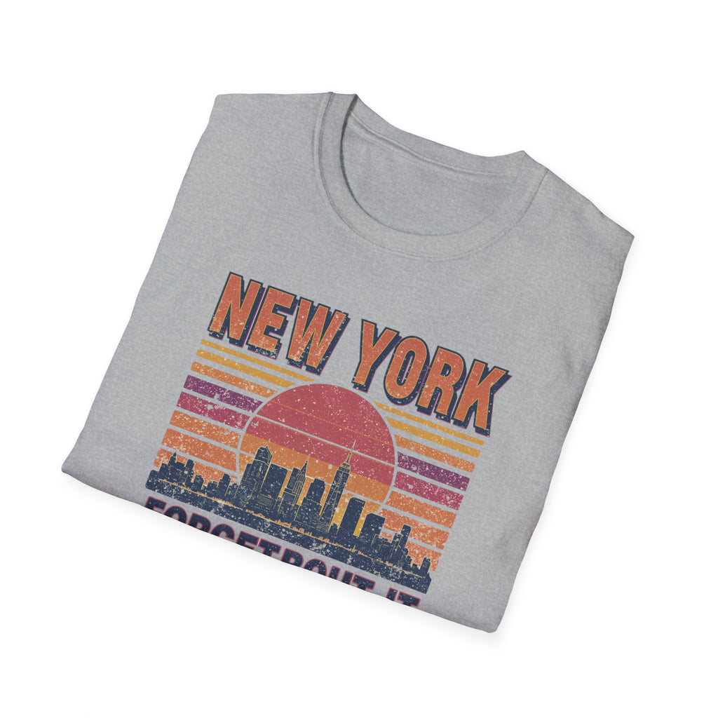 New York Skyline T‑Shirt – “Forgetbout It” Vintage Sunset Tee