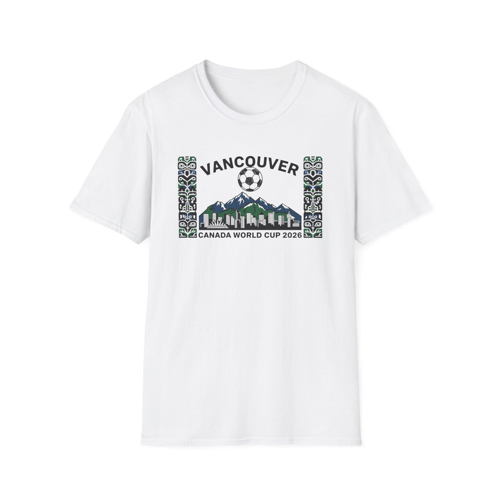 Vancouver Canada World Cup 2026 Soccer T-Shirt — City Skyline & Indigenous Pattern