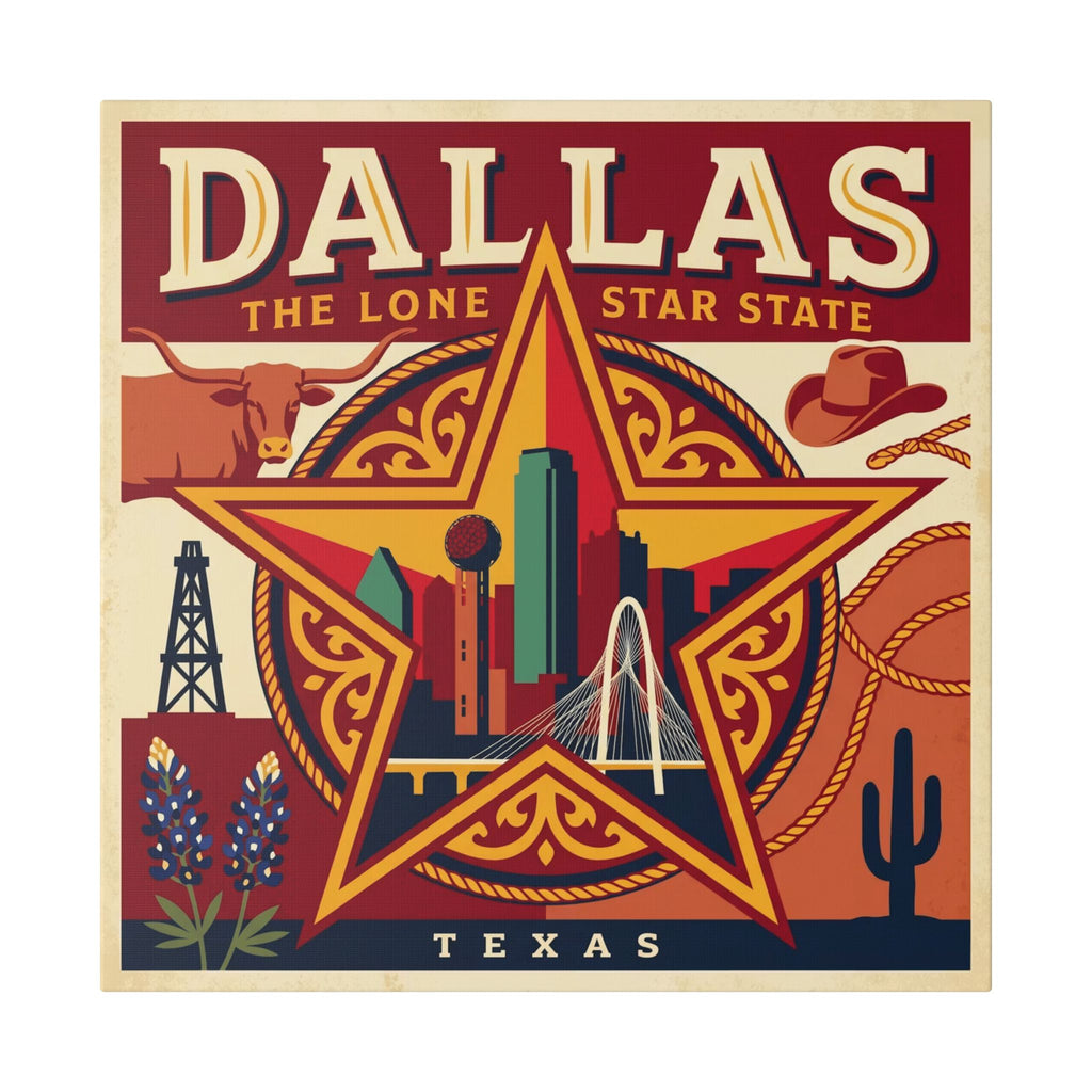 Dallas Lone Star Vintage Canvas Wall Art — Texas Skyline & Western Icons