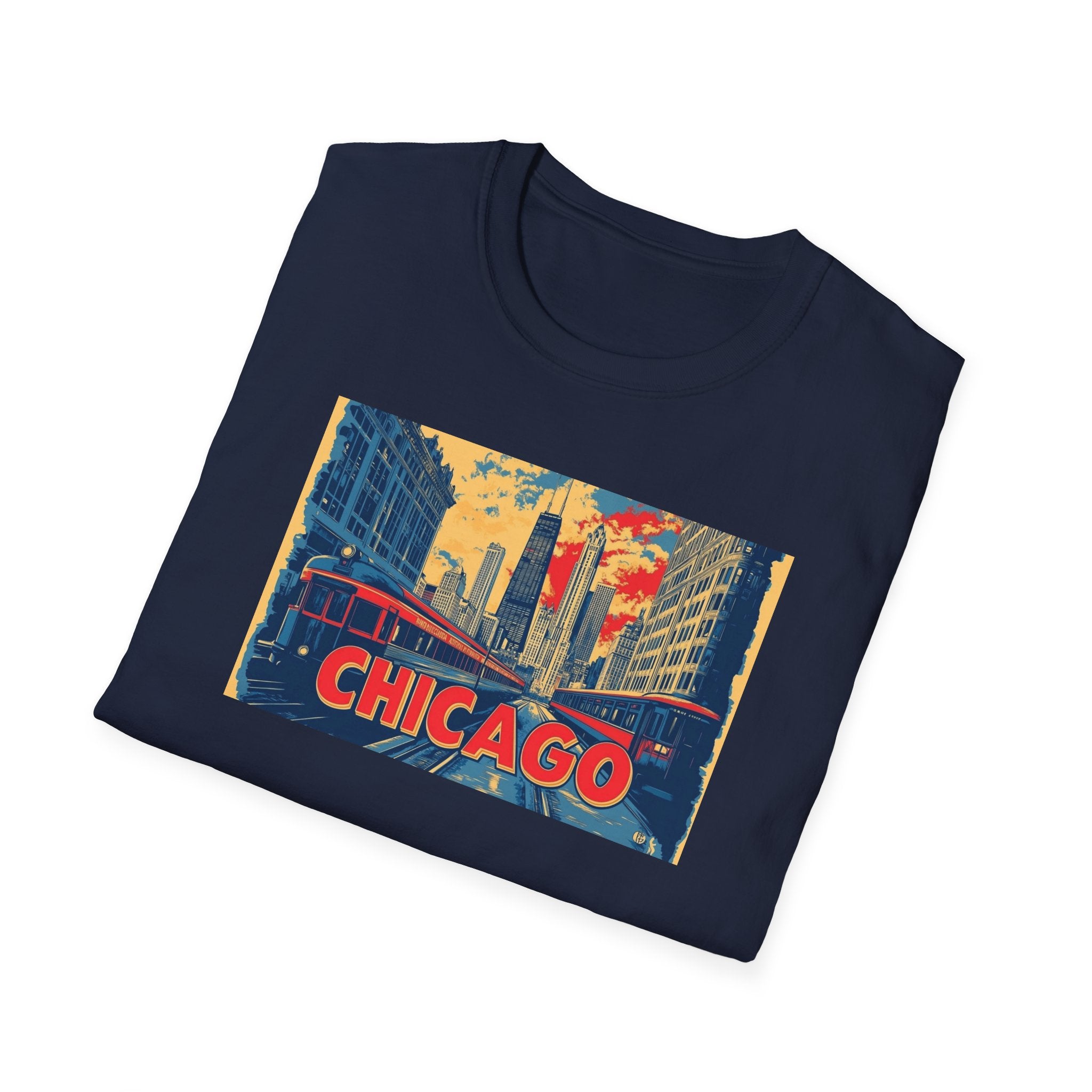 Chicago Cityscape T-Shirt | Vintage Skyline, El Train Poster Style