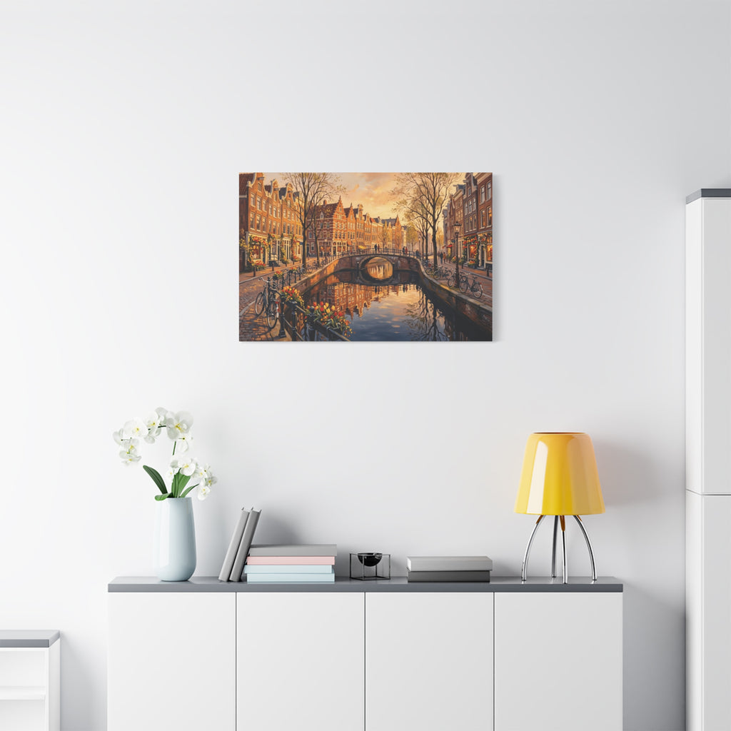 Amsterdam Canal Sunset Stretched Canvas Wall Art