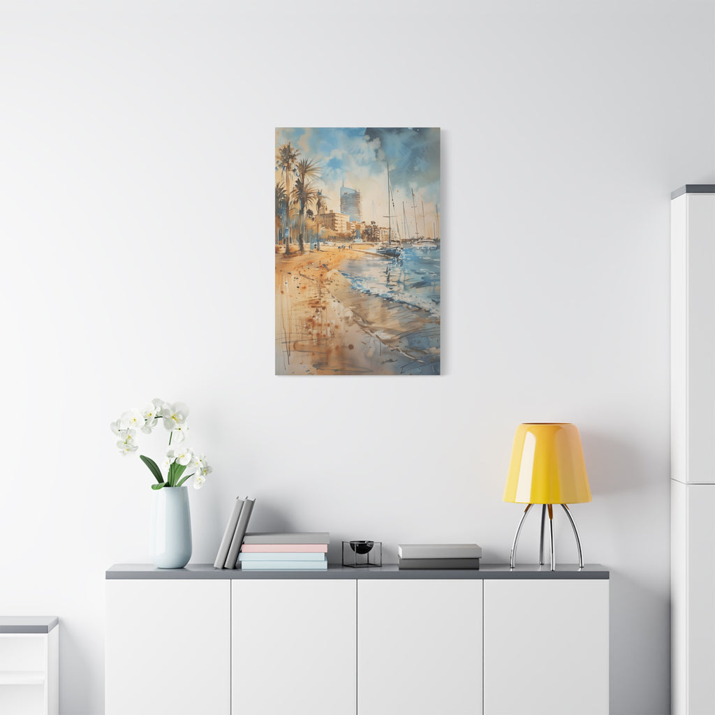 Barcelona Coastal Harbor Beach Stretched Canvas — Seaside Watercolor Wall Art