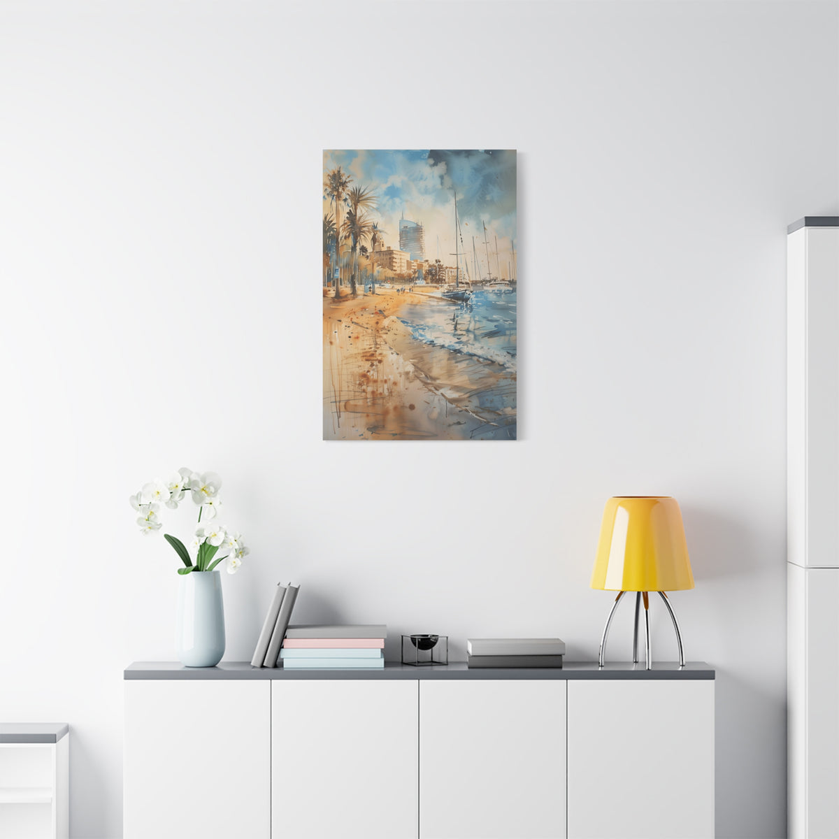 Barcelona Coastal Harbor Beach Stretched Canvas — Seaside Watercolor Wall Art