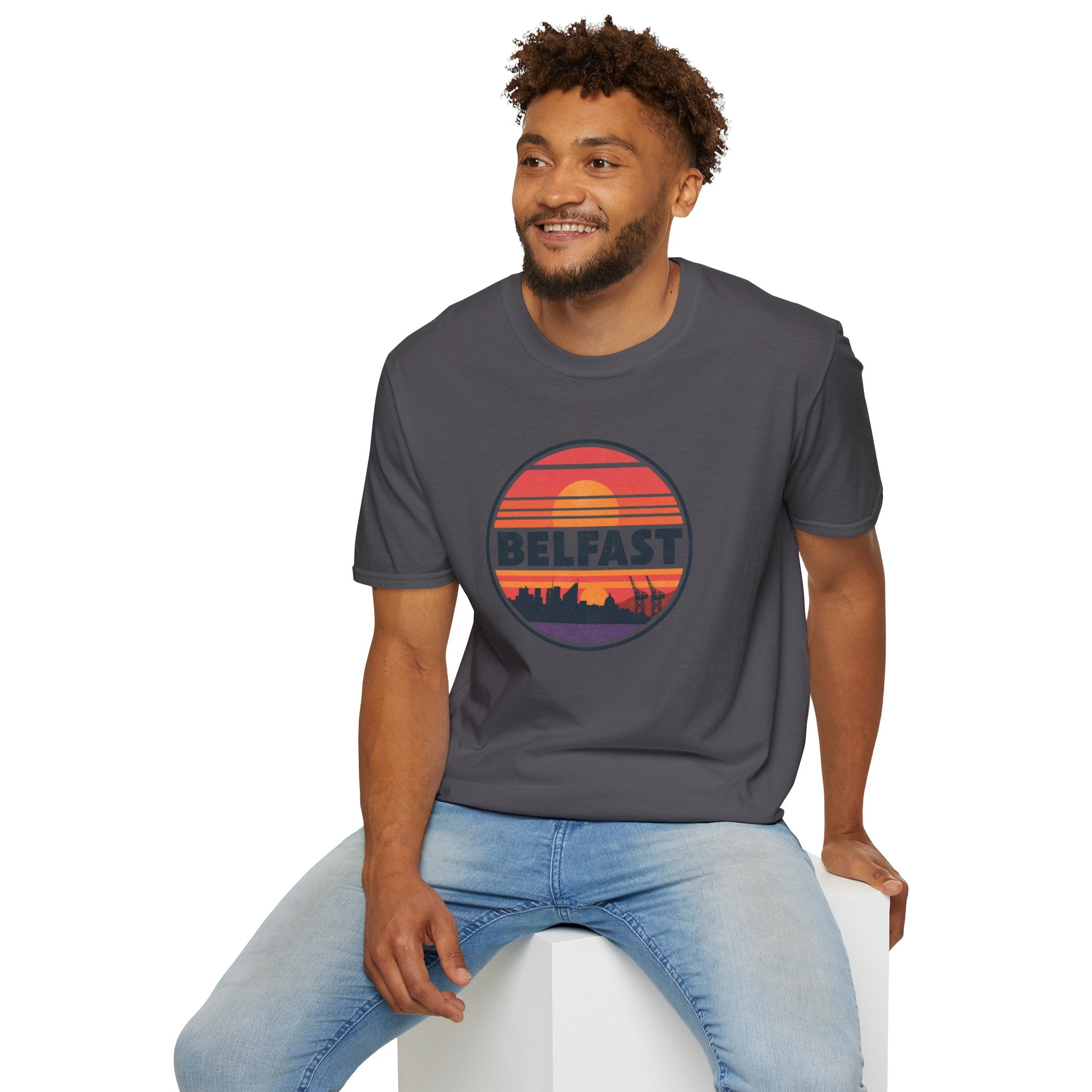 Belfast Sunset T-Shirt — Retro Skyline Graphic Tee