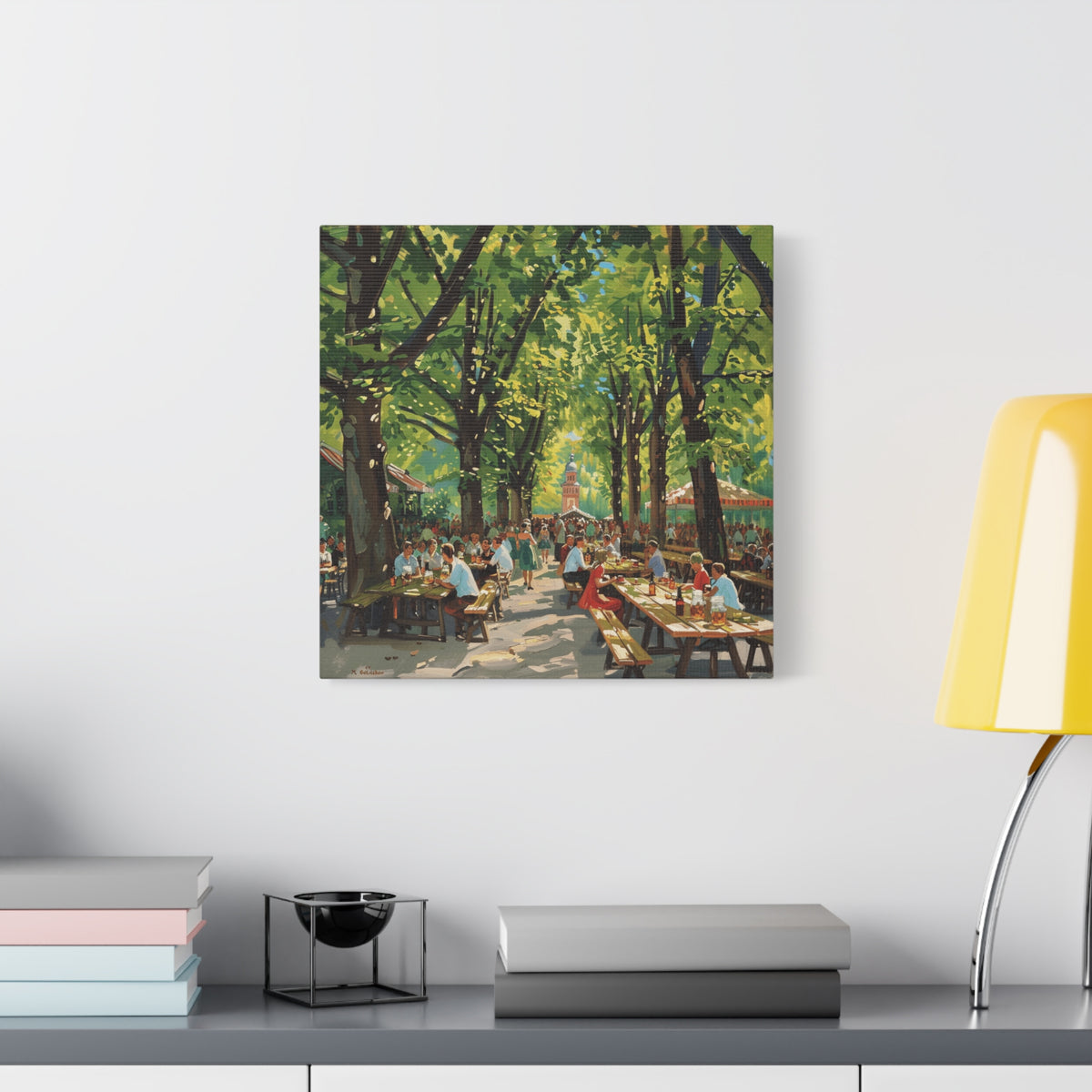 Biergarten Canvas Wall Art — Sunny Tree-Lined Outdoor Market Scene