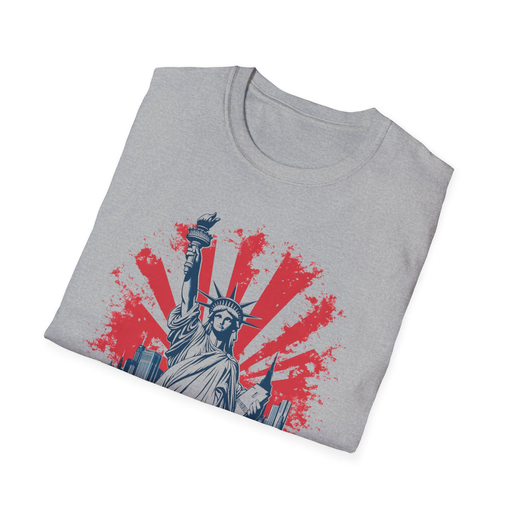 Statue of Liberty New York T-Shirt | City Skyline, Red Rays Graphic