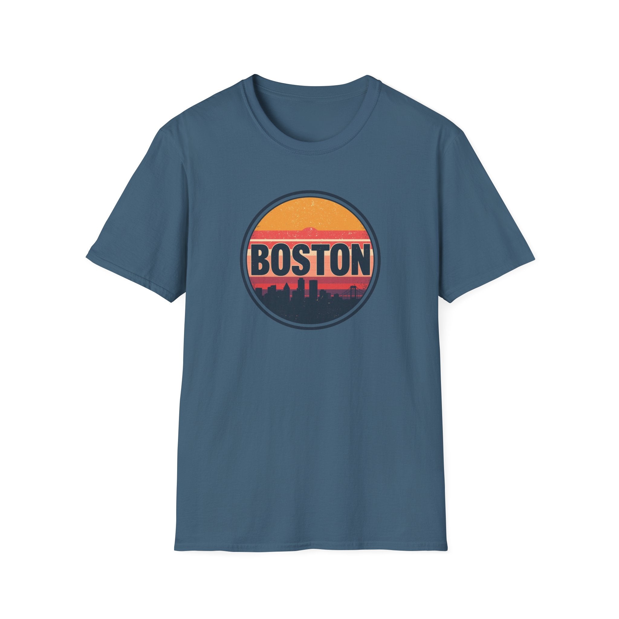 Boston Skyline Circle T‑Shirt — Retro Sunset City Graphic