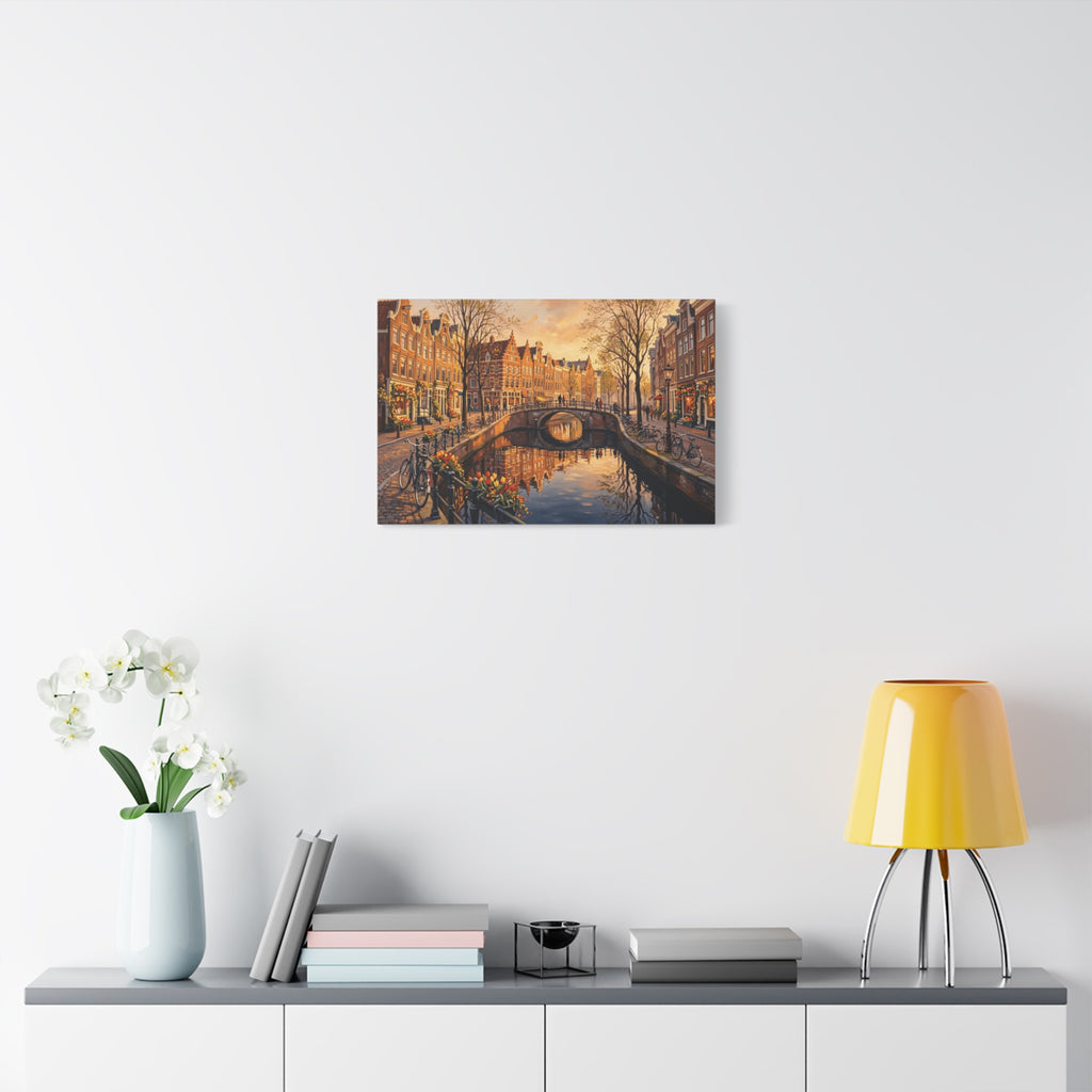 Amsterdam Canal Sunset Stretched Canvas Wall Art