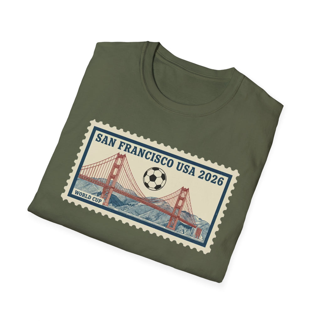 San Francisco 2026 Golden Gate Stamp T-Shirt — Vintage Soccer Postage Design