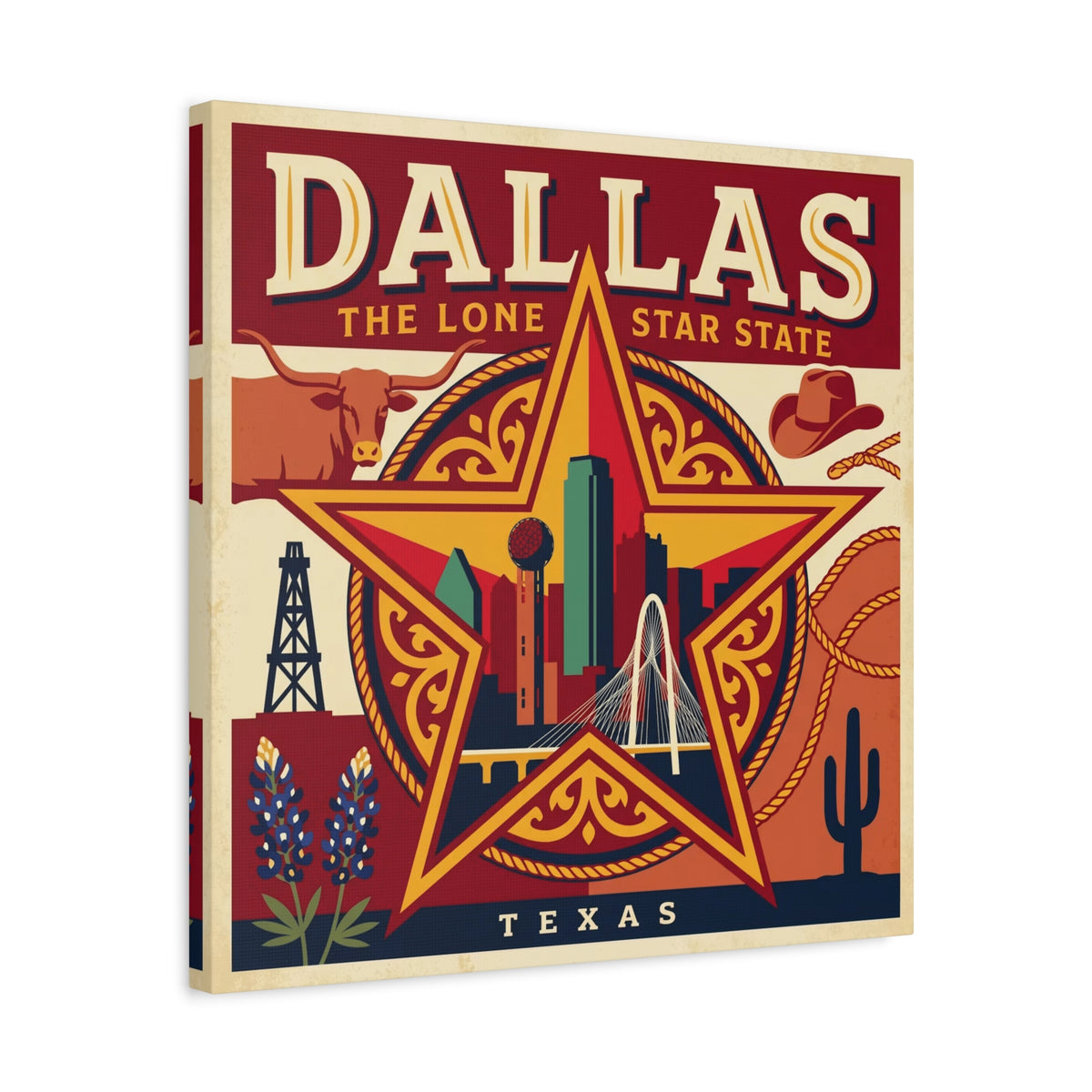 Dallas Lone Star Vintage Canvas Wall Art — Texas Skyline & Western Icons