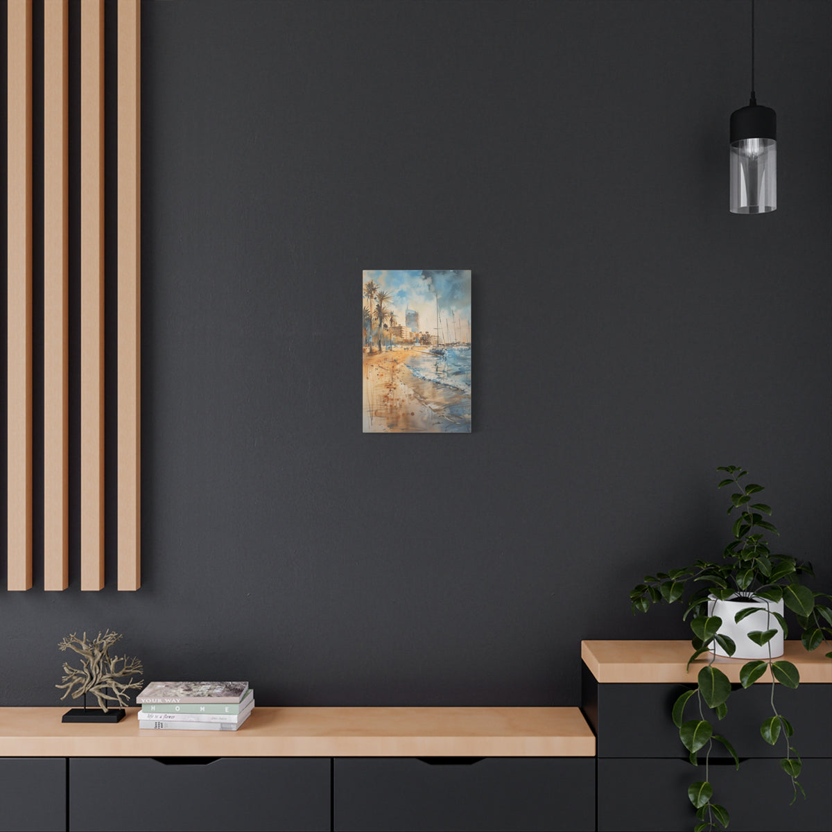 Barcelona Coastal Harbor Beach Stretched Canvas — Seaside Watercolor Wall Art