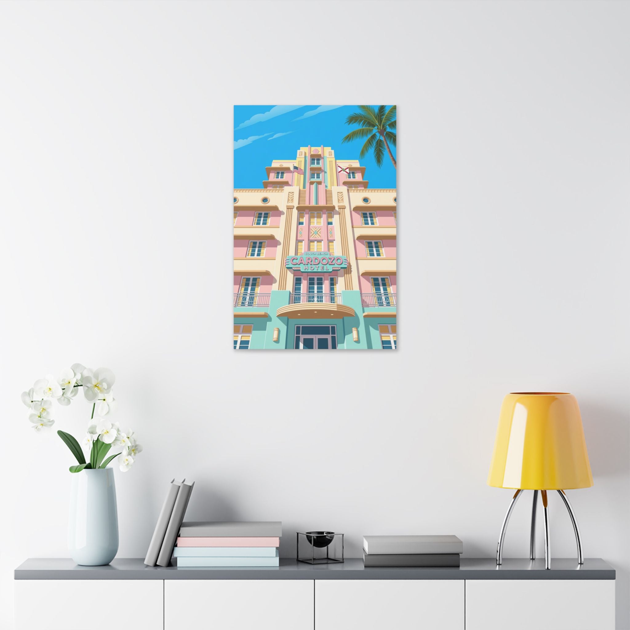 Art Deco Beach Hotel Canvas — Miami Palm Retro Stretched Wall Art