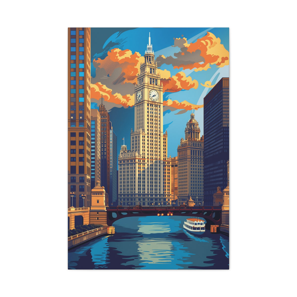 Chicago River Skyline Stretched Canvas — Vintage Cityscape Wall Art