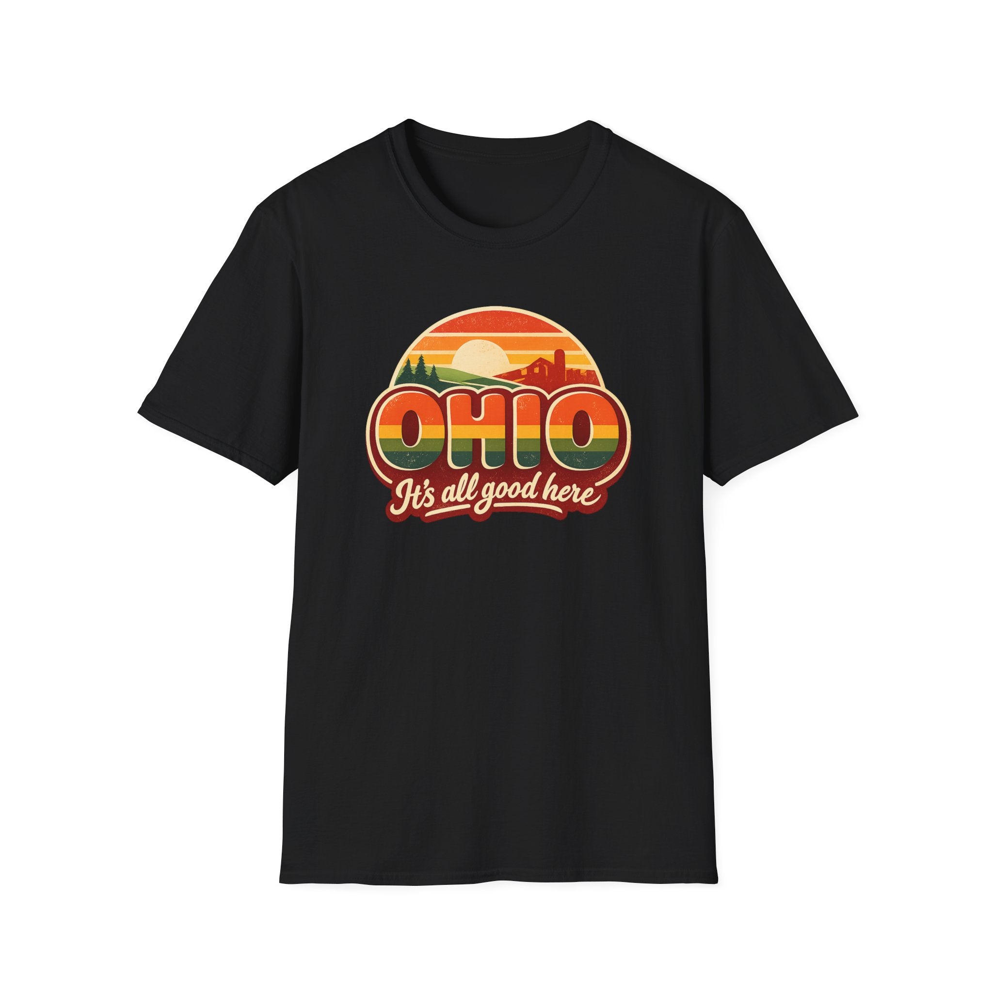 Ohio Retro Sunset T-Shirt — “Ohio It's All Good Here” Vintage State Tee
