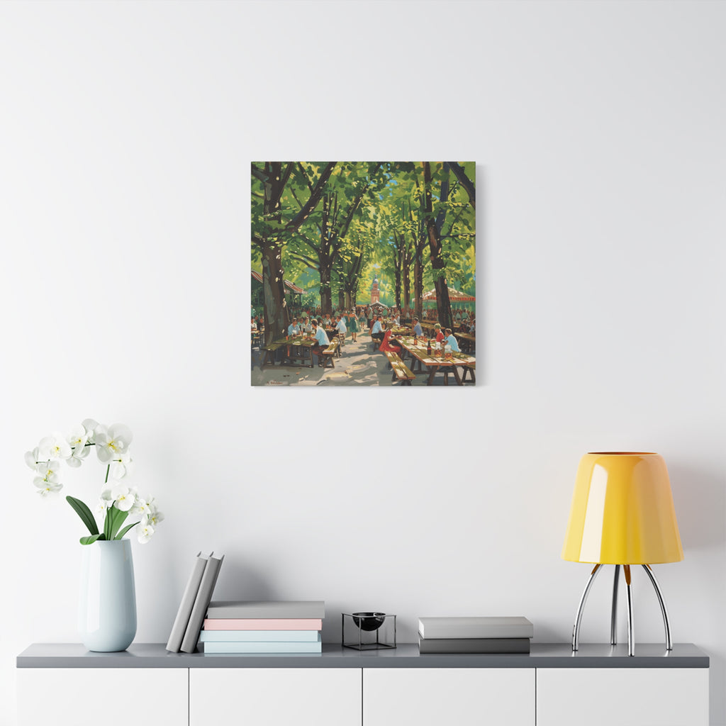 Biergarten Canvas Wall Art — Sunny Tree-Lined Outdoor Market Scene