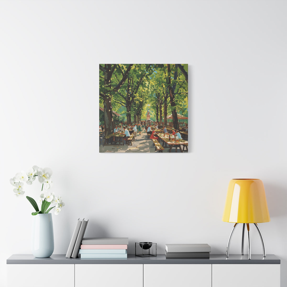 Biergarten Canvas Wall Art — Sunny Tree-Lined Outdoor Market Scene