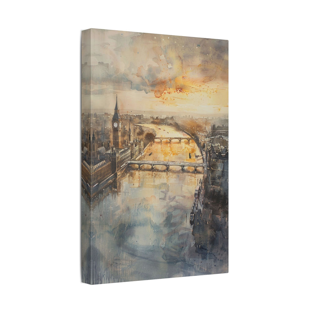 London River Sunset Canvas Print — Watercolor Cityscape Wall Art