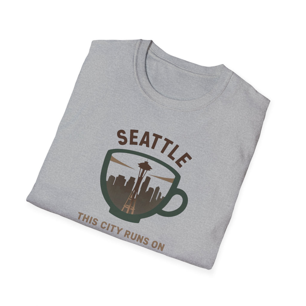 Seattle Coffee City T-Shirt — "This City Runs on Caffeine and Chaos"