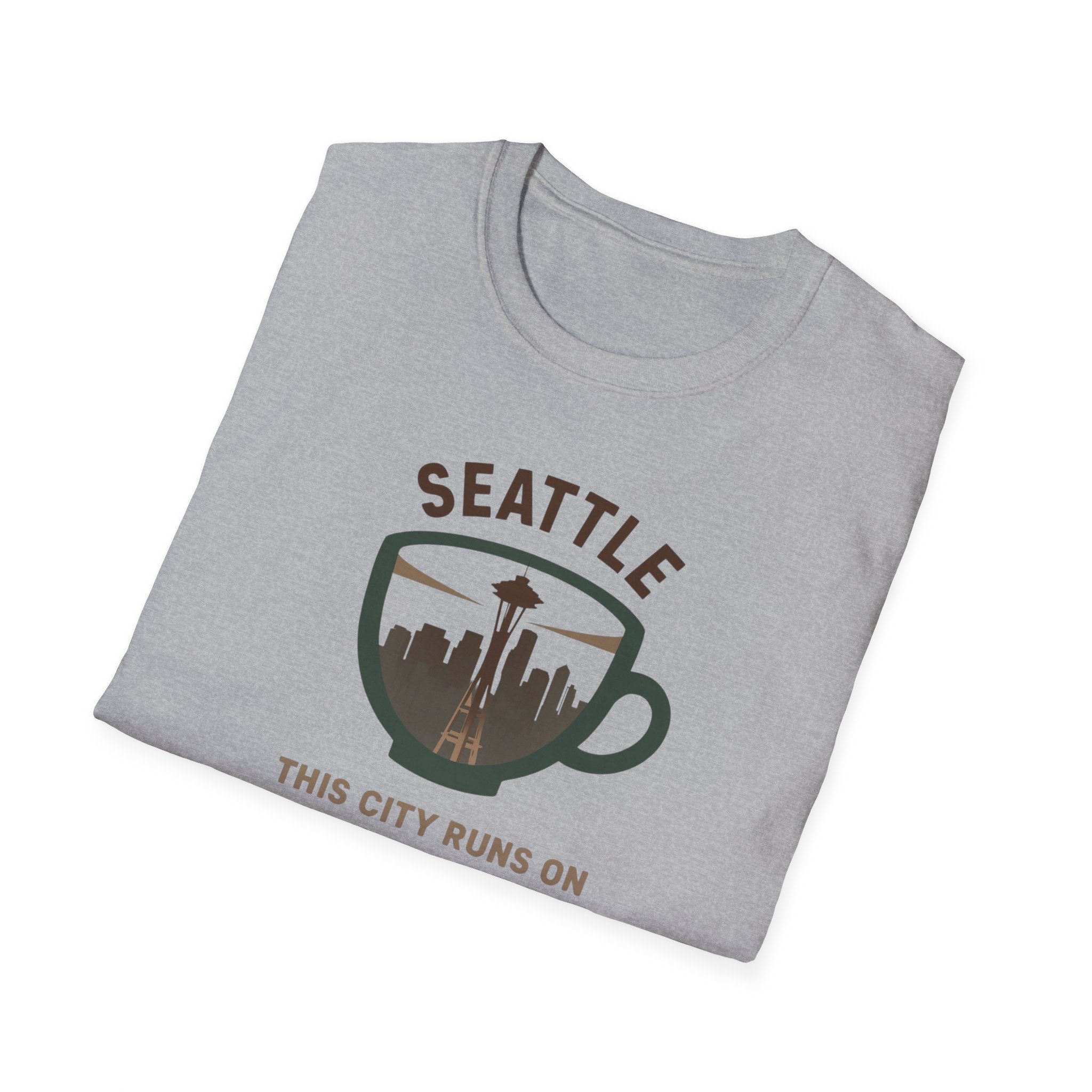 Seattle Coffee City T-Shirt — "This City Runs on Caffeine and Chaos"