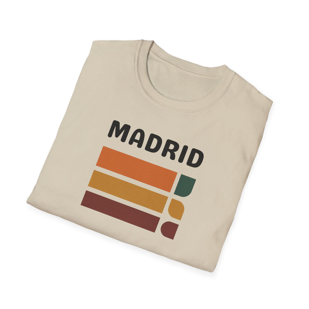 Madrid Retro Stripes T-Shirt | Vintage City Typography, Earth Tone Bars