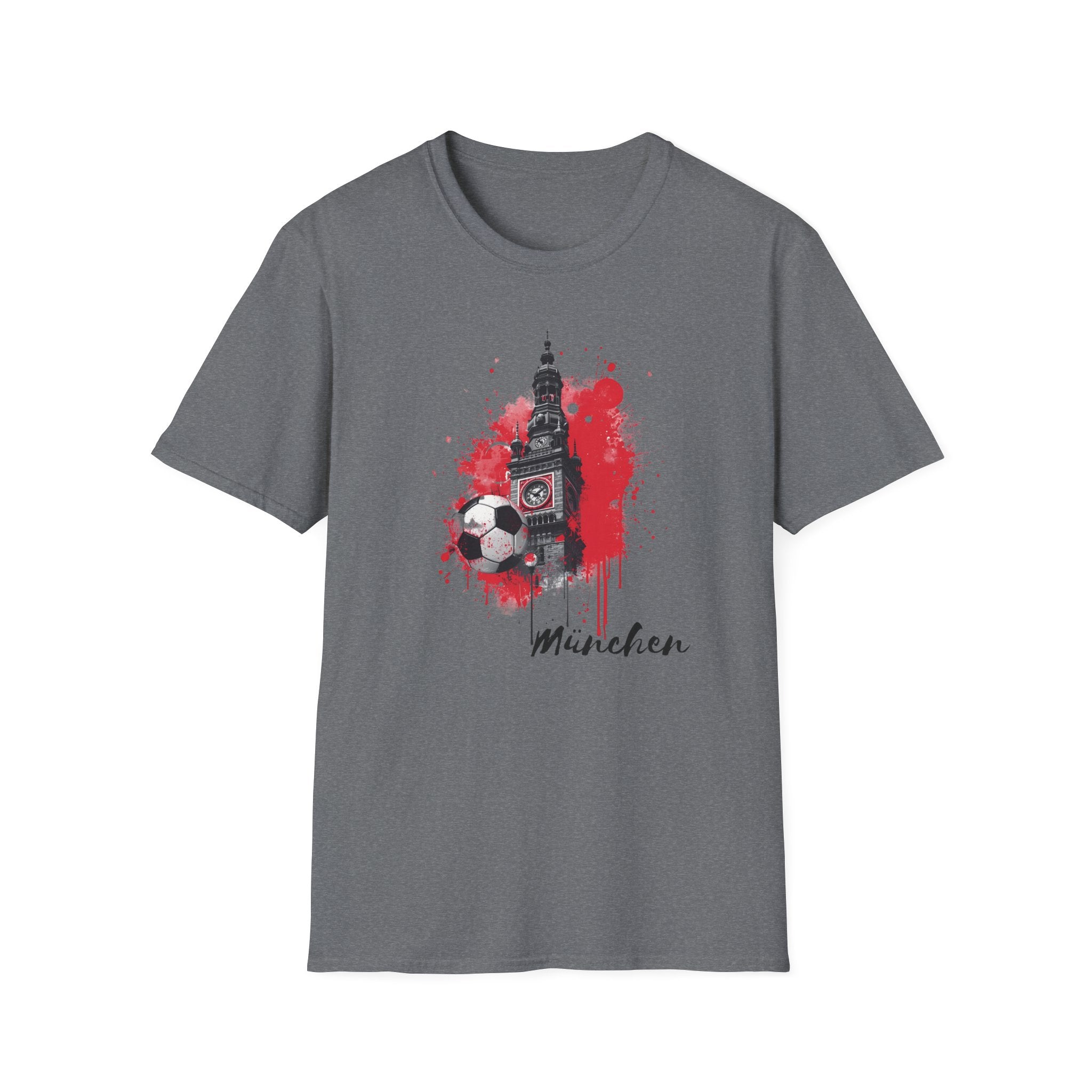 Munich Football Illustration T-Shirt | Soccer Ball, Clock Tower, Red Paint Splatter