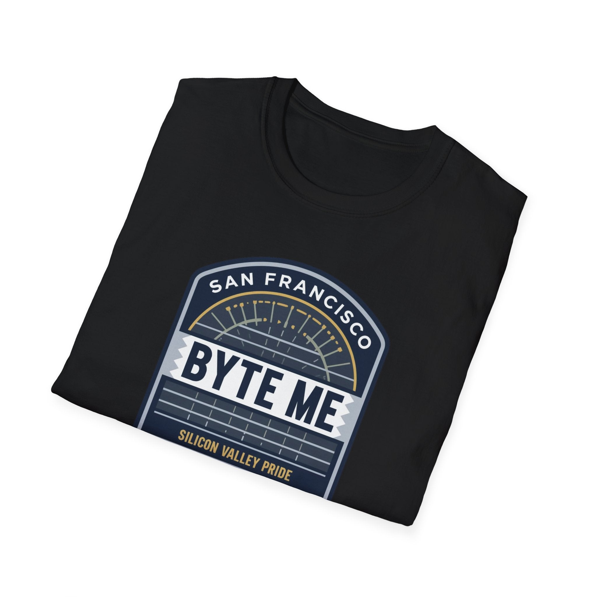 Byte Me San Francisco T-Shirt — Retro Tech Badge Tee (01010)