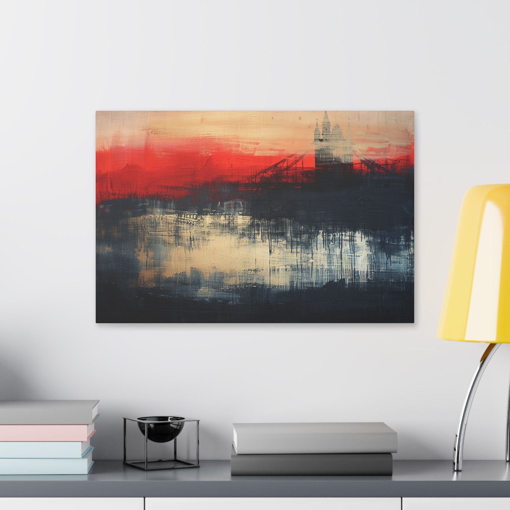 Abstract London Bridge Canvas Wall Art – Red & Navy Stretched Painting