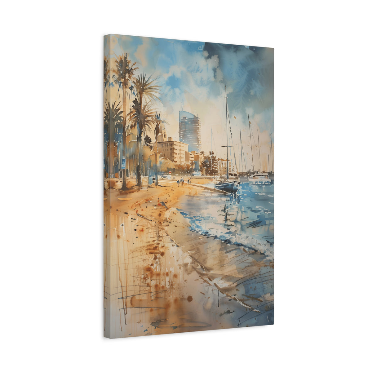 Barcelona Coastal Harbor Beach Stretched Canvas — Seaside Watercolor Wall Art