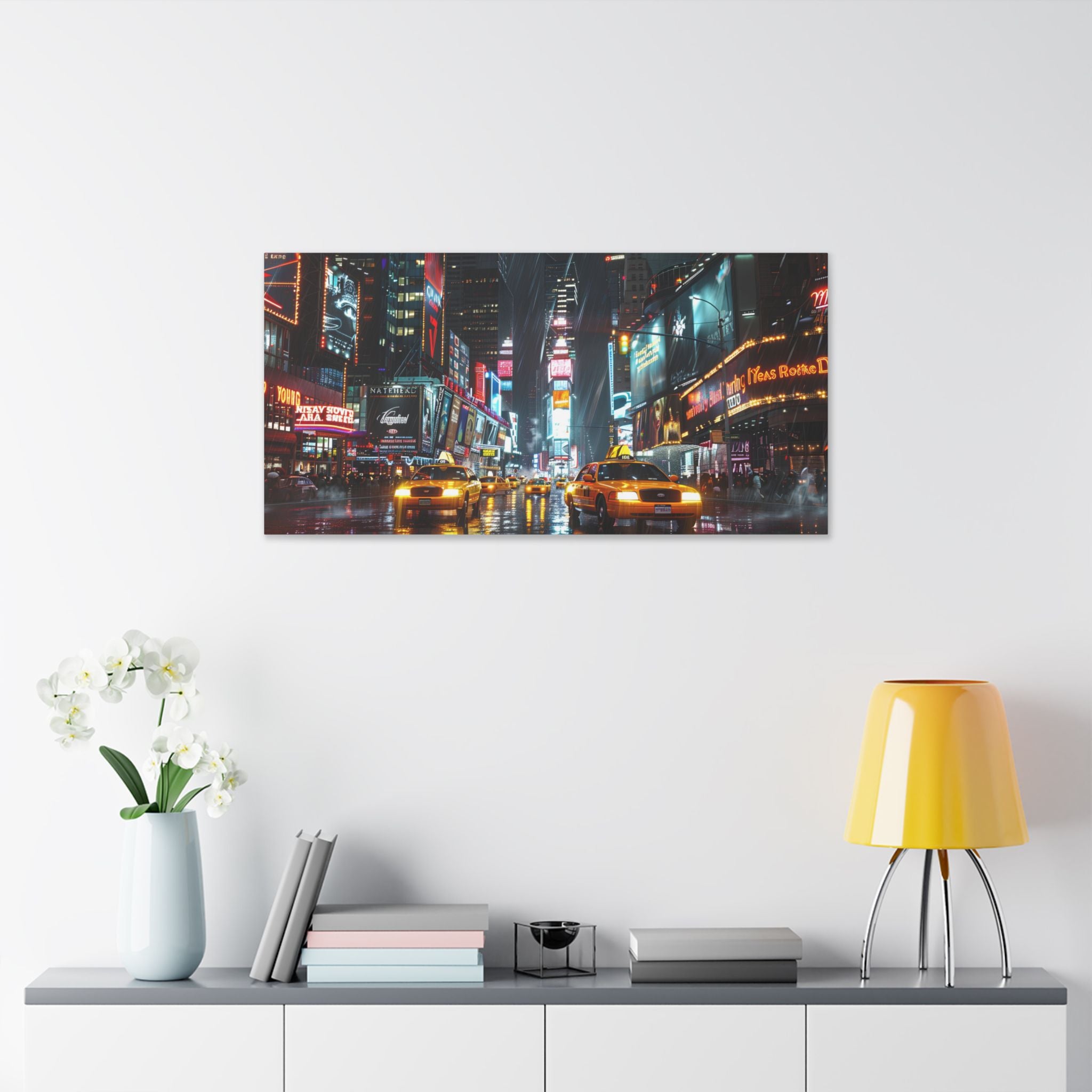 New York Night Street Canvas Print — Rainy Times Square Taxi Wall Art
