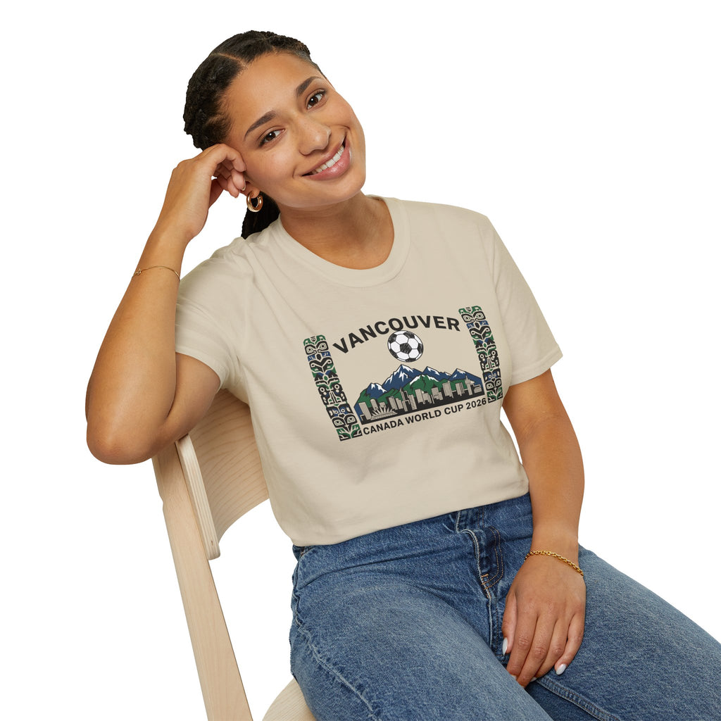 Vancouver Canada World Cup 2026 Soccer T-Shirt — City Skyline & Indigenous Pattern