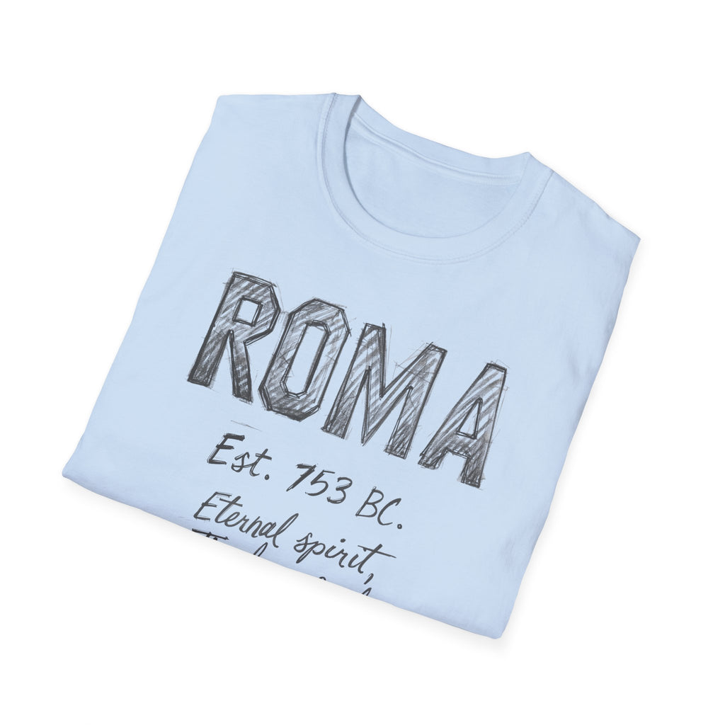 Roma Vintage Script T-Shirt — 'Roma Est. 753 BC, Eternal spirit, Timeless soul'
