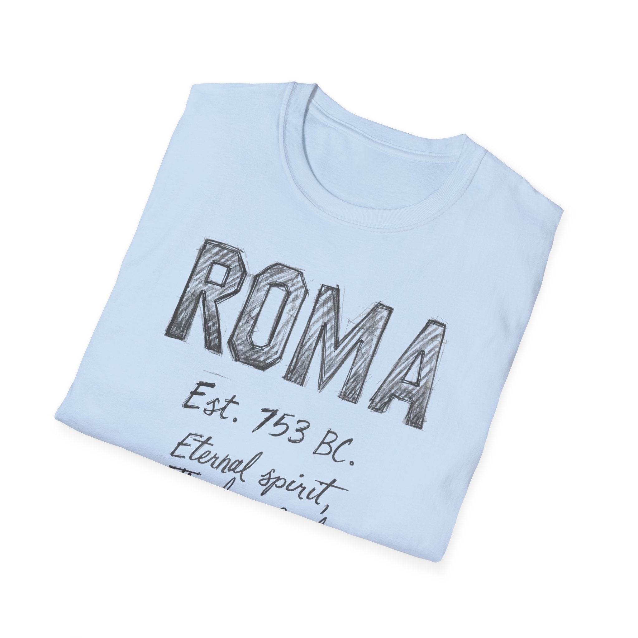 Roma Vintage Script T-Shirt — 'Roma Est. 753 BC, Eternal spirit, Timeless soul'
