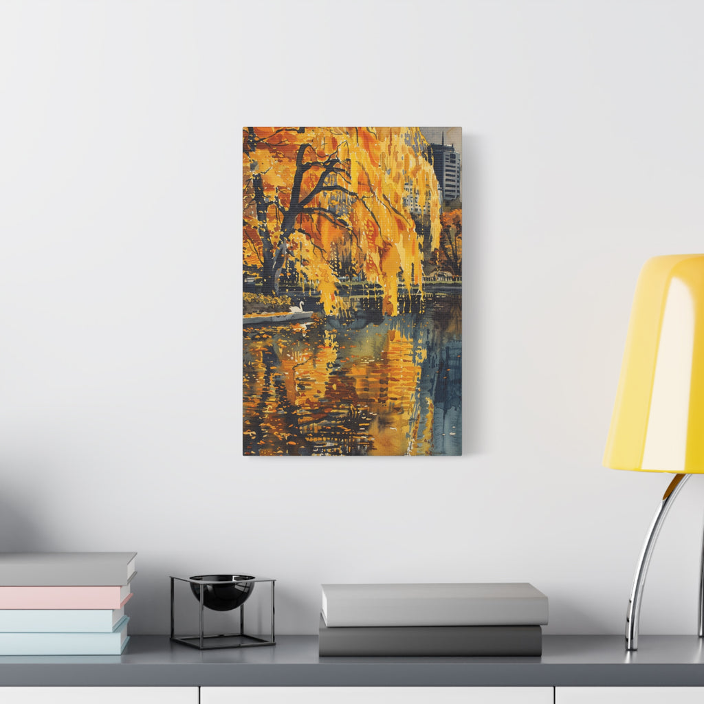 Boston Skyline with Hancock Tower in the background -Autumn Cityscape Canvas - Golden Willow Lake Stretched Wall Art