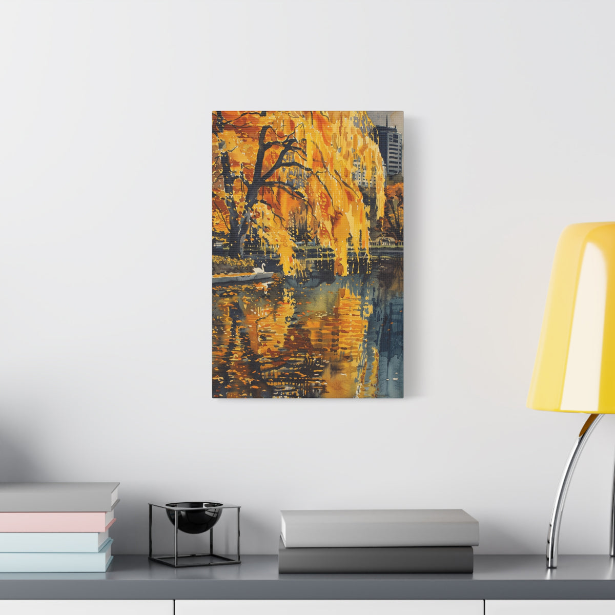 Boston Skyline with Hancock Tower in the background -Autumn Cityscape Canvas - Golden Willow Lake Stretched Wall Art