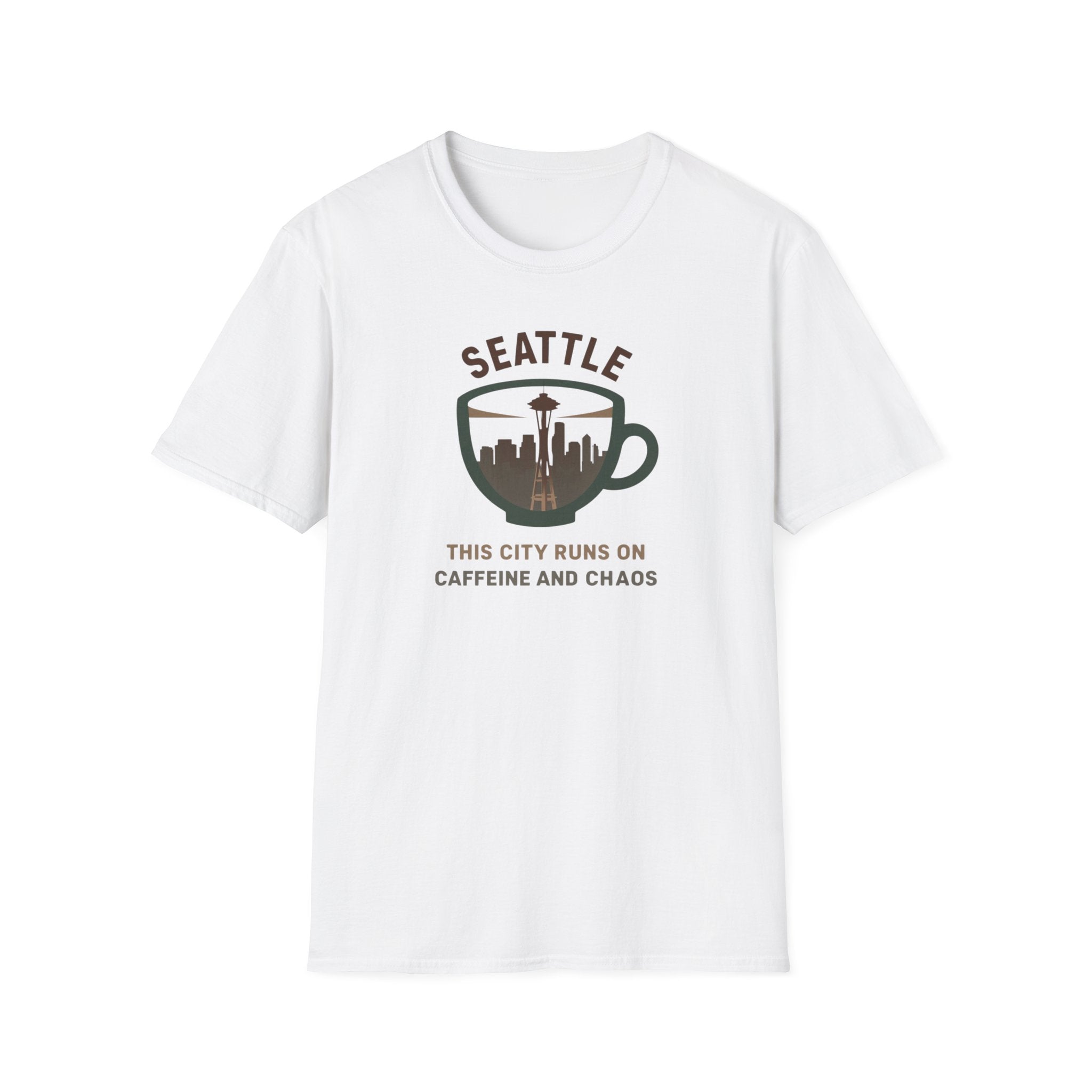 Seattle Coffee City T-Shirt — "This City Runs on Caffeine and Chaos"