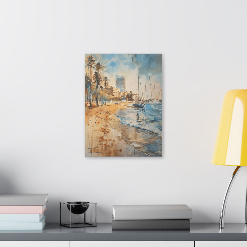 Barcelona Coastal Harbor Beach Stretched Canvas — Seaside Watercolor Wall Art