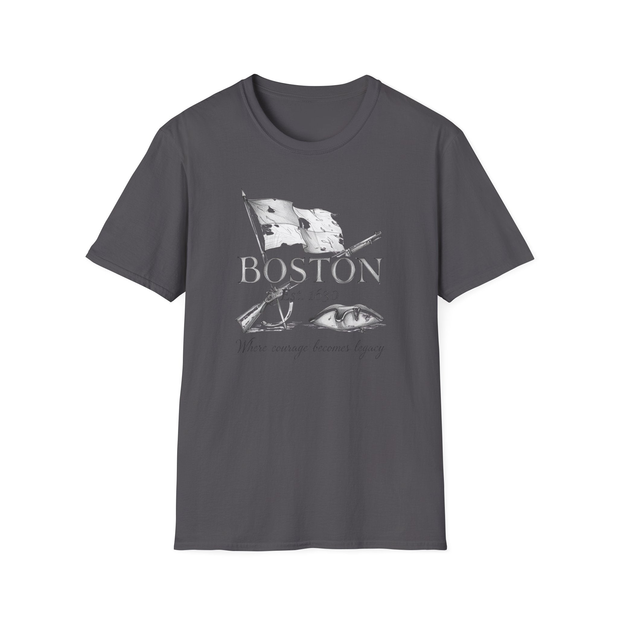 Boston 1630 Heritage T-Shirt — Colonial Flag & Tricorn Design
