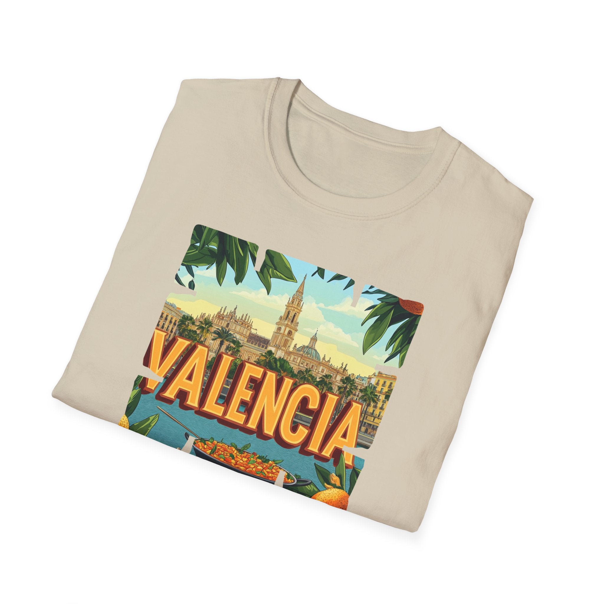 Valencia vintage travel postcard T-Shirt | Spain city skyline, oranges, palm leaves