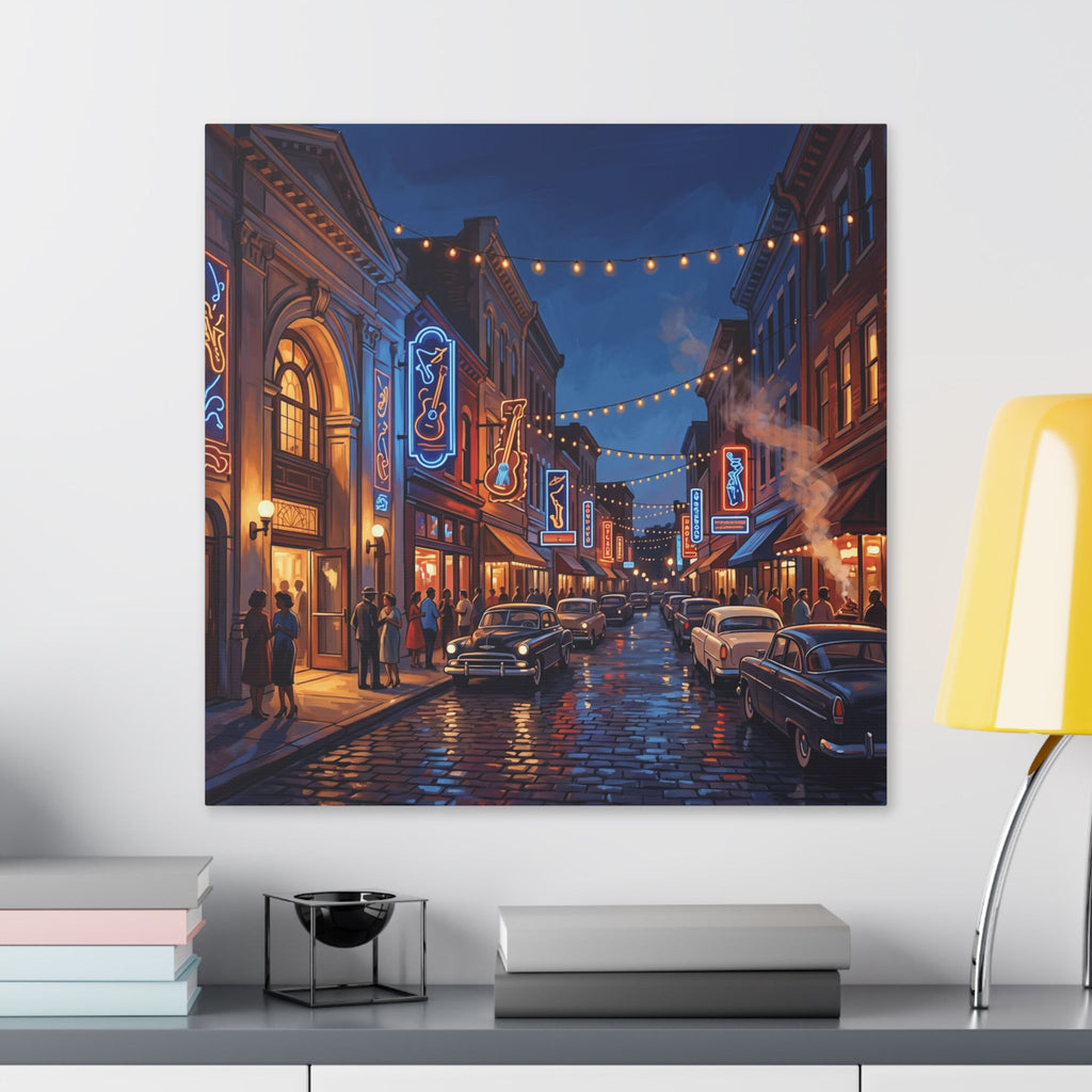 Kansas City 18th and Vine Jazz District -Vintage Neon Main Street Canvas Print — Retro Nighttime Cityscape Wall Art