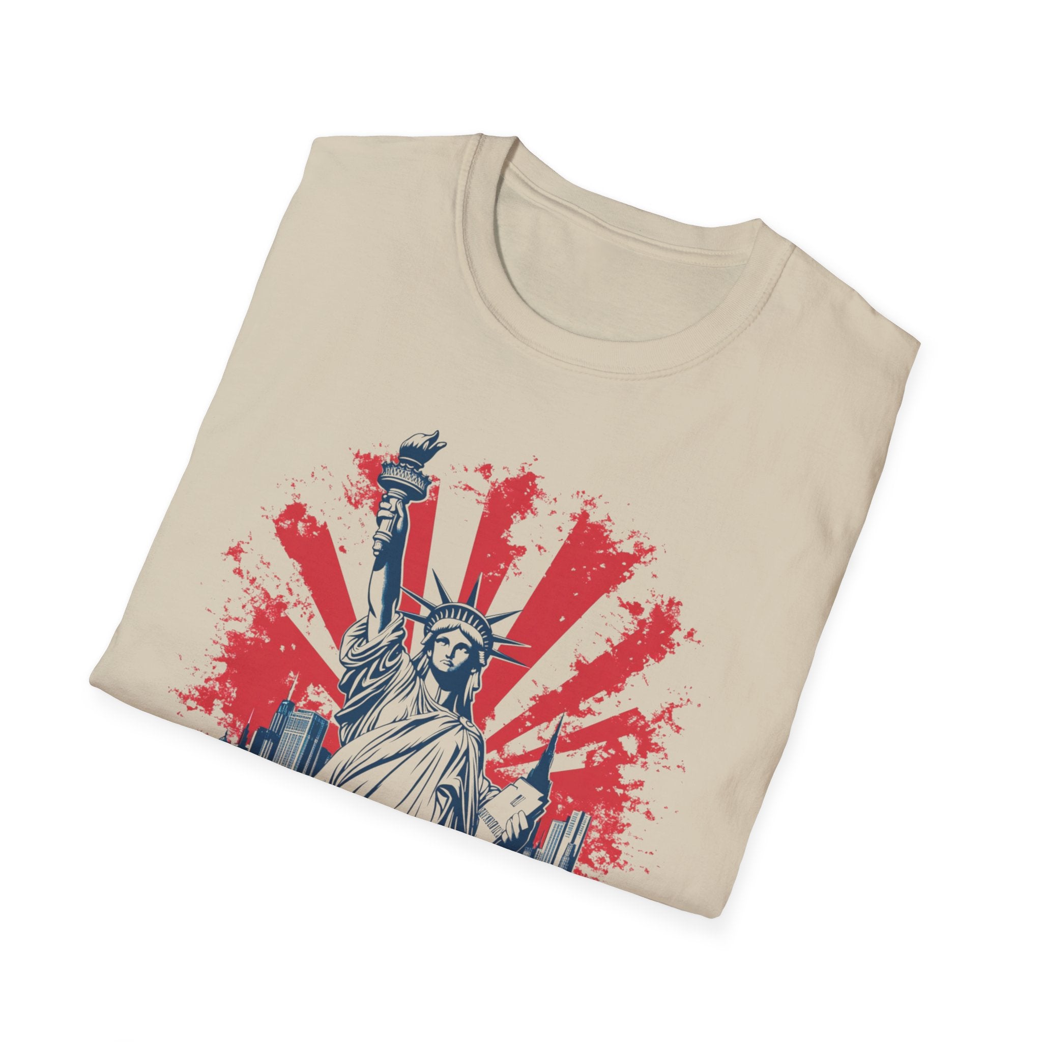 Statue of Liberty New York T-Shirt | City Skyline, Red Rays Graphic