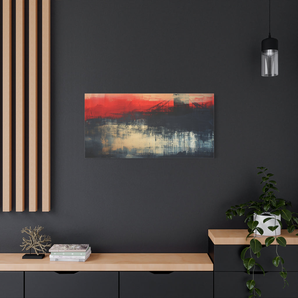 Abstract London Bridge Canvas Wall Art – Red & Navy Stretched Painting
