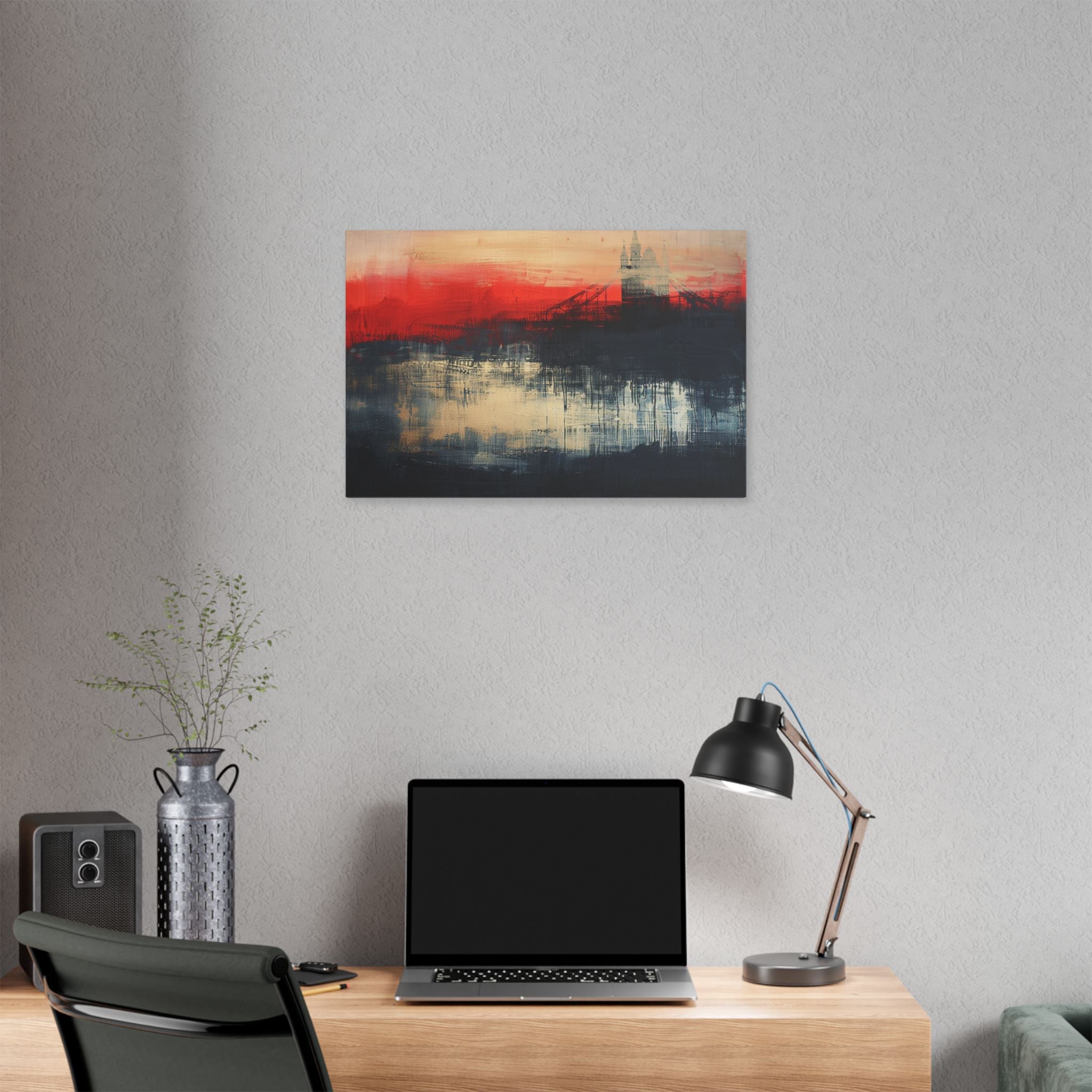 Abstract London Bridge Canvas Wall Art – Red & Navy Stretched Painting