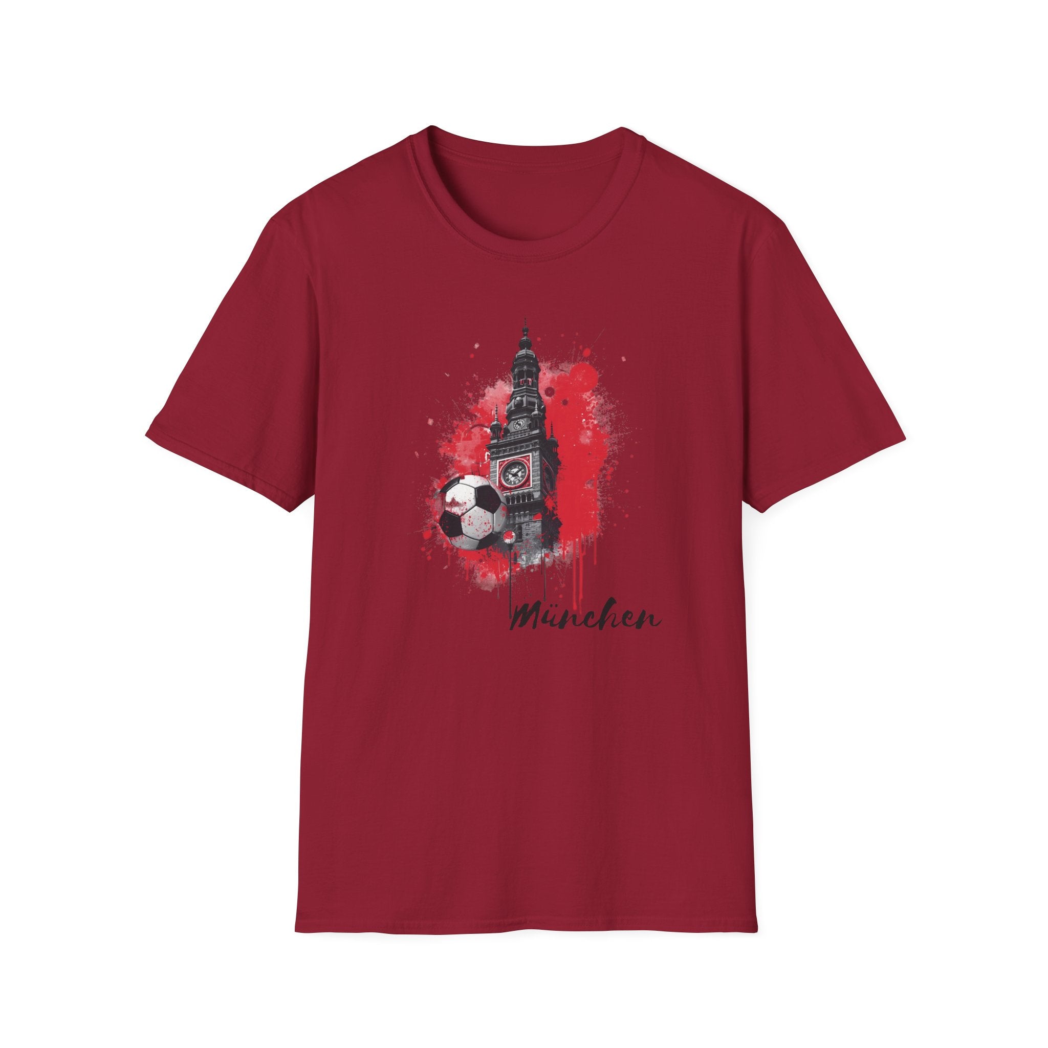 Munich Football Illustration T-Shirt | Soccer Ball, Clock Tower, Red Paint Splatter