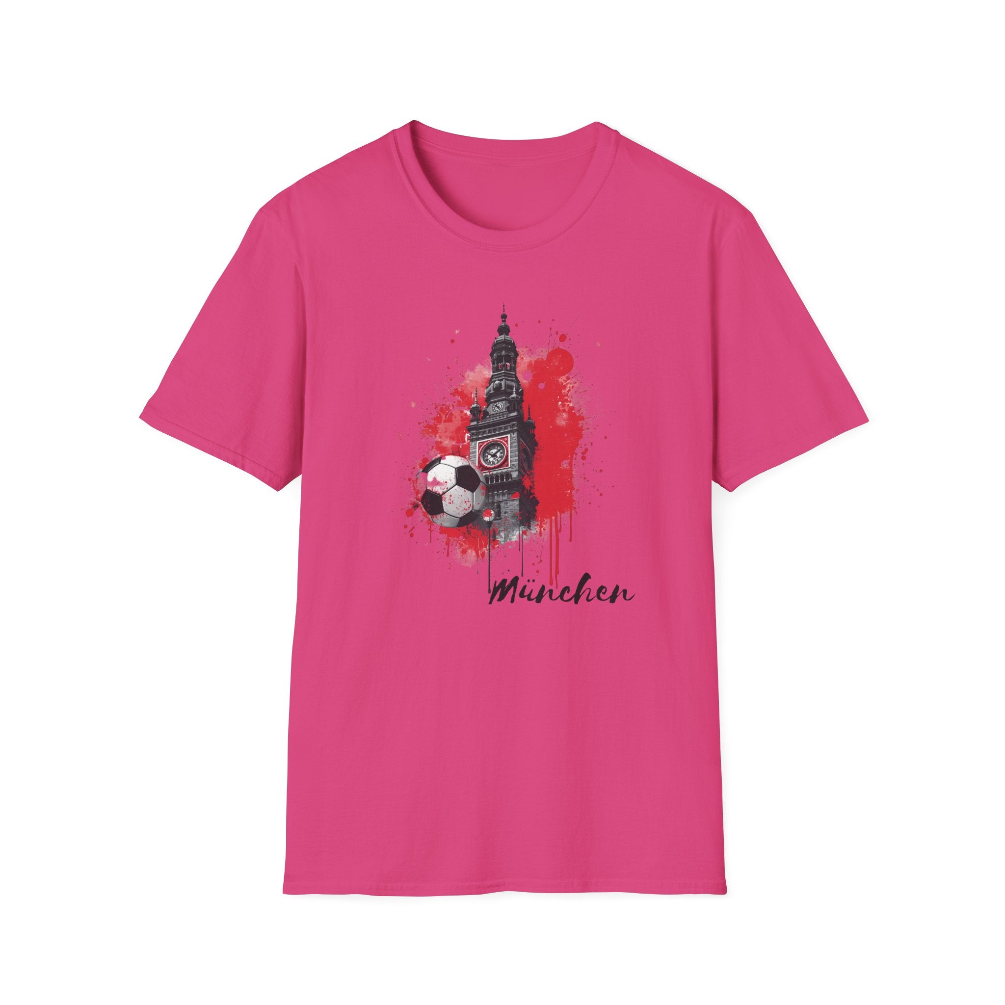 Munich Football Illustration T-Shirt | Soccer Ball, Clock Tower, Red Paint Splatter