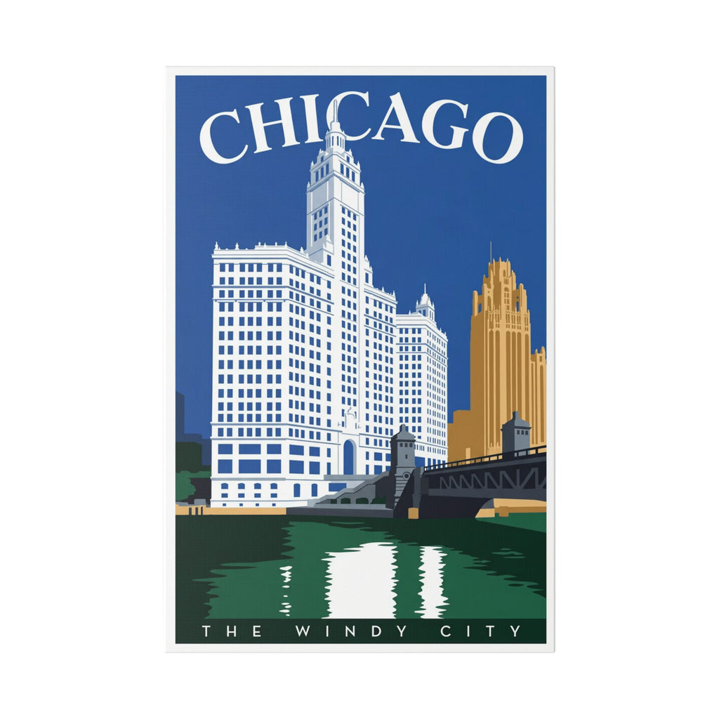 Chicago Skyline Stretched Canvas – The Windy City Retro Travel Art