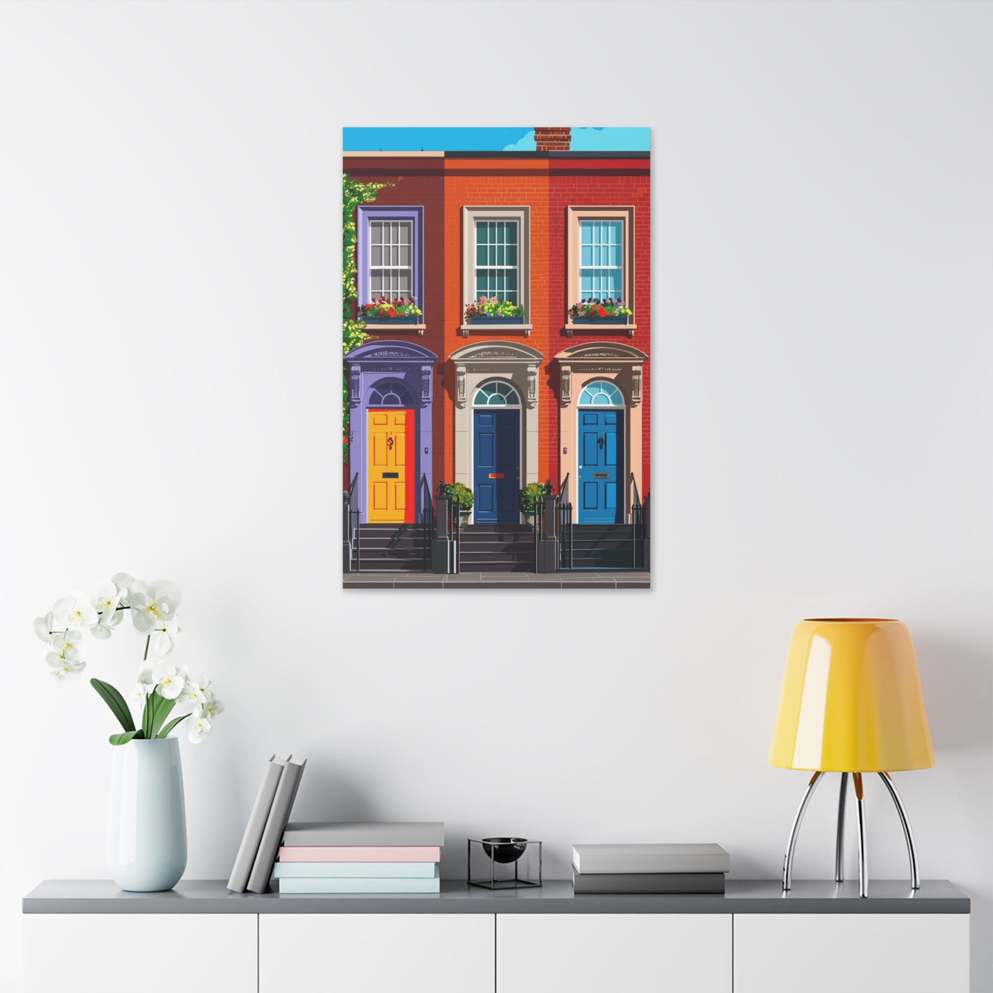 Dublin Georgian Doorway Street Scene - Colorful Rowhouse Canvas Wall Art — Vibrant Townhouse Street Scene