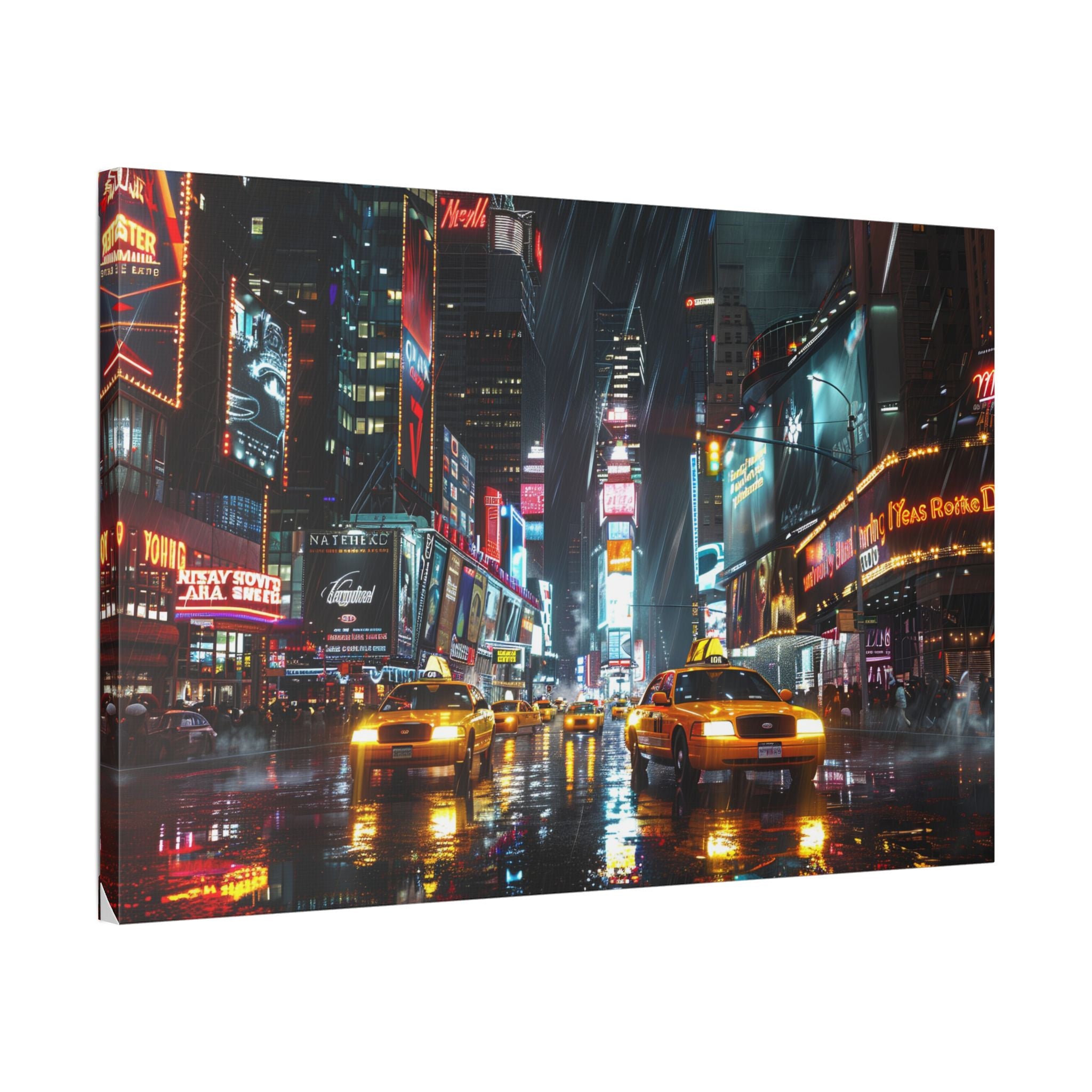 New York Night Street Canvas Print — Rainy Times Square Taxi Wall Art