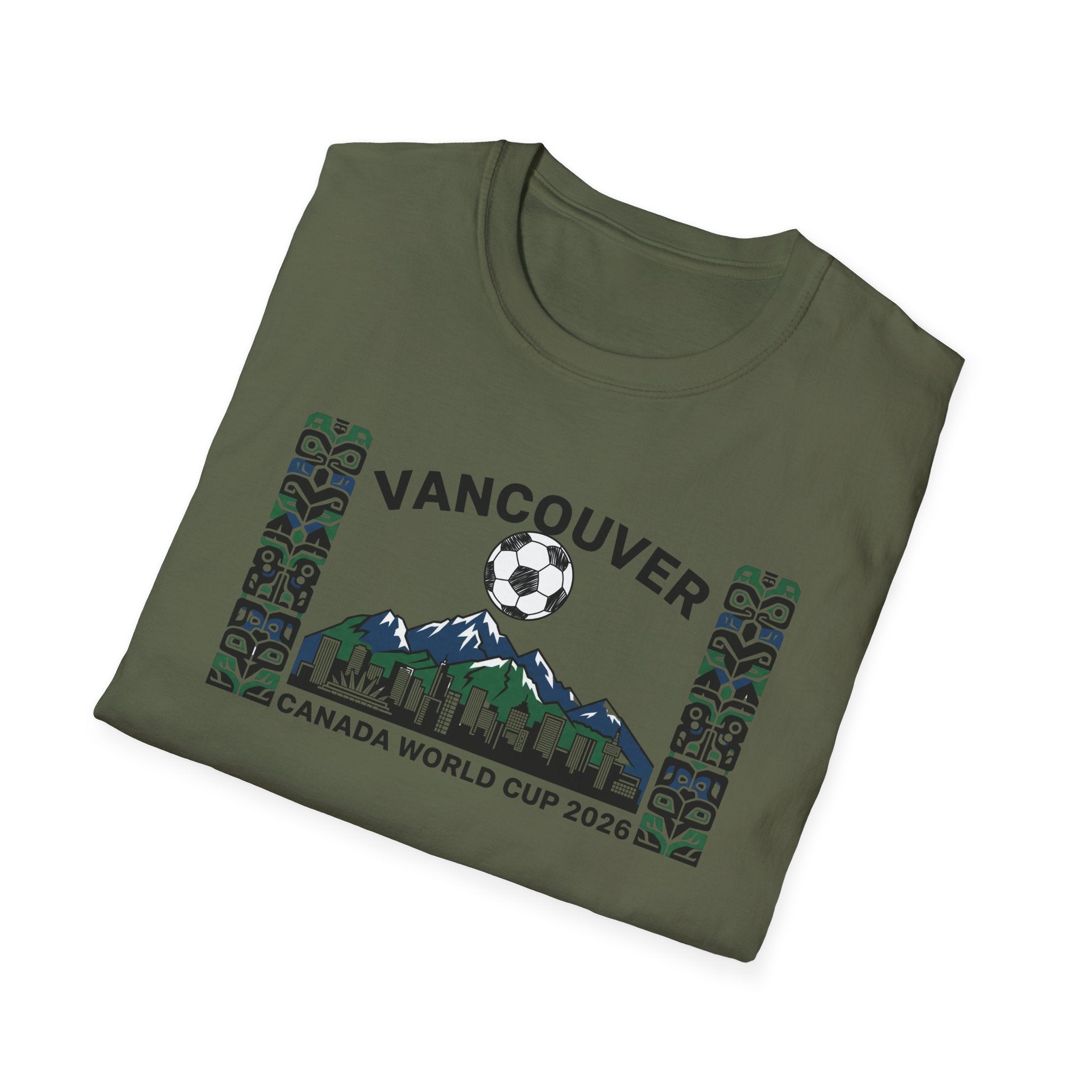 Vancouver Canada World Cup 2026 Soccer T-Shirt — City Skyline & Indigenous Pattern